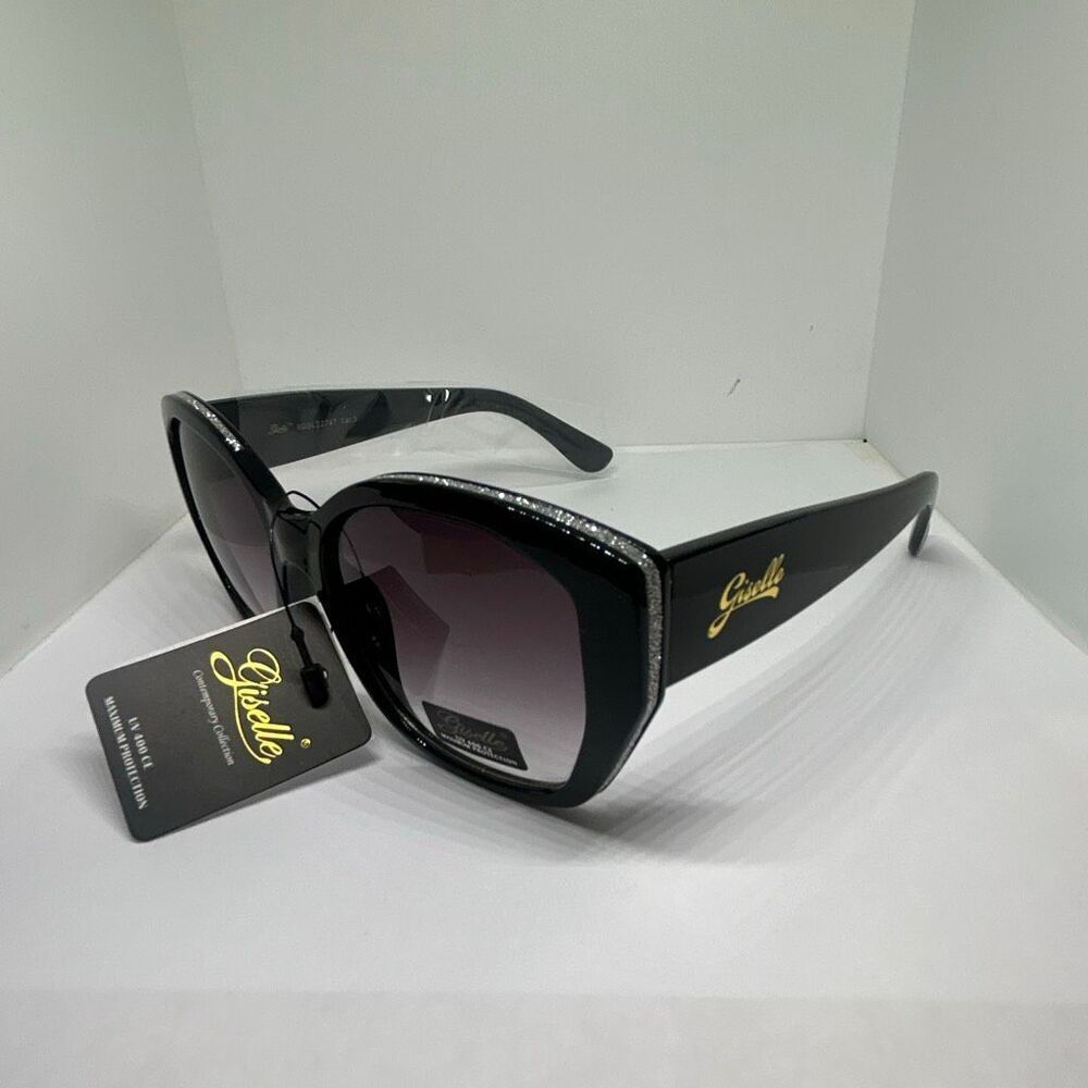 Giselle Oversized Black Sunglasses UV400 Glam Rhinestone Accent